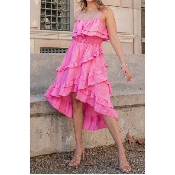 Strut & Bolt Pink Ruffle Layered Midi Sundress size medium - Picture 1 of 16